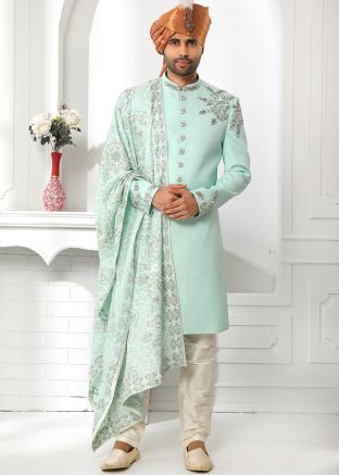 Green Readymade Embroidered Sherwani Set