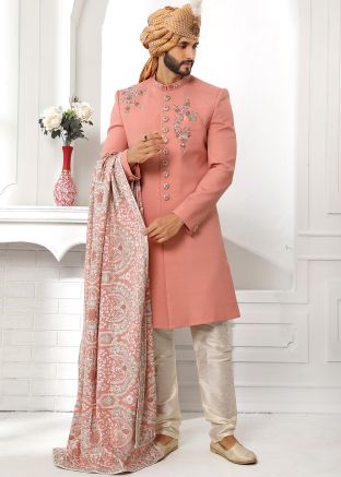 Peach Mens Embroidered Sherwani Set In Art Silk