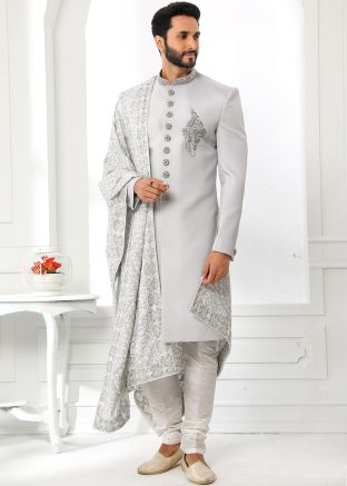 Grey Handwork Embroidered Sherwani Set