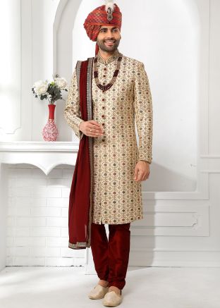 Cream Art Silk Mens Embroidered Sherwani Set
