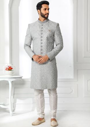 Grey Thread Embroidered Sherwani & Churidar