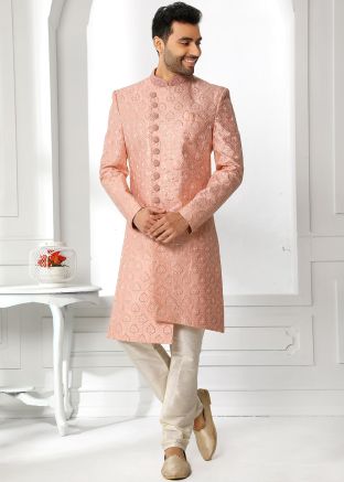 Peach Asymmetric Embroidered Sherwani Set