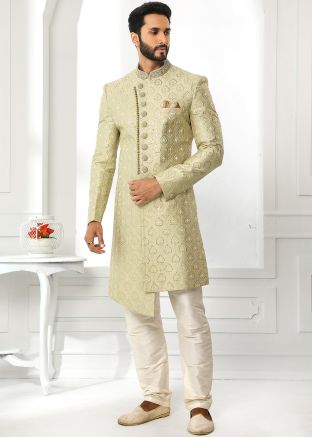 Green Embroidered Asymmetric Sherwani Set