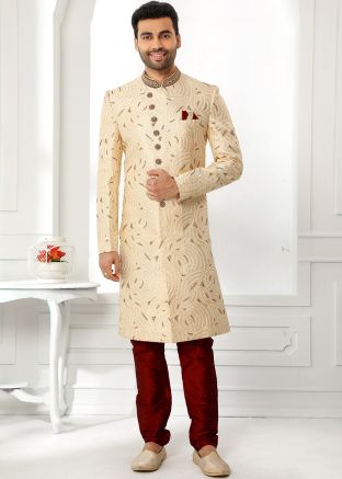 Beige Sherwani Set In Handwork Embroidery