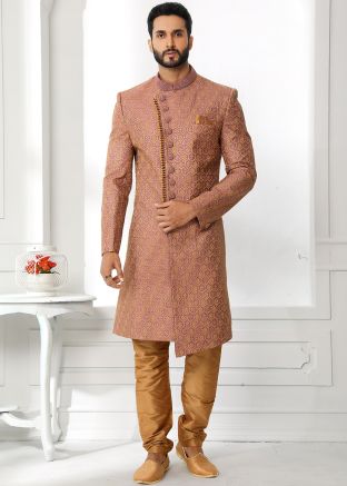 Brown Embroidered Asymmetric Style Sherwani Set
