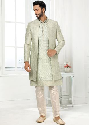 Green Embroidered Kurta Pajama With Jacket