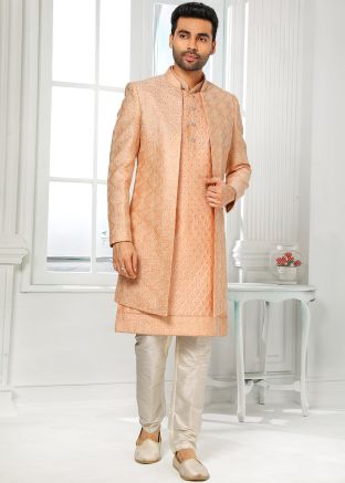 Peach Embroidered Art Silk Kurta Pajama & Jacket