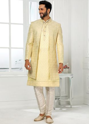 Yellow Embroidered Jacket Style Kurta Pajama Set
