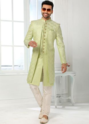 Green Embroidered Indo Western Sherwani Set