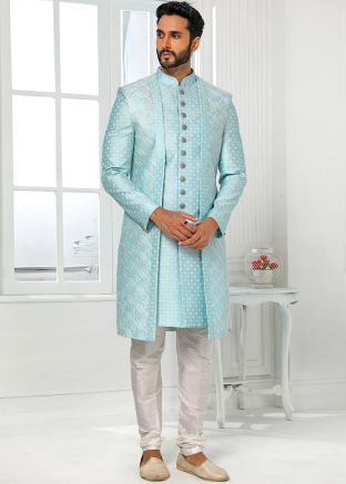 Blue Embroidered Jacket Style Indo Western Sherwani Set