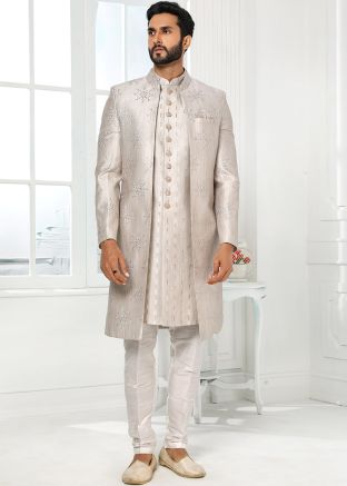 Grey Mens Embroidered Indo Western Sherwani Set