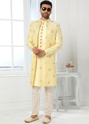 Mens Yellow Embroidered Indo Western Sherwani Set