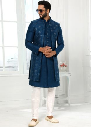 Blue Embroidered Indo Western Sherwani & Jacket