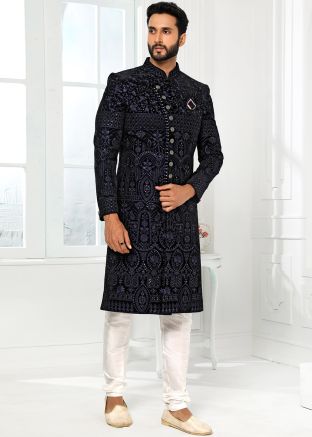 Navy Blue Embroidered Indo Western Sherwani Set