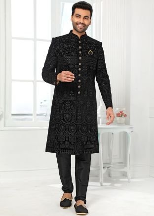 Black Embroidered Indo Western Sherwani For Men
