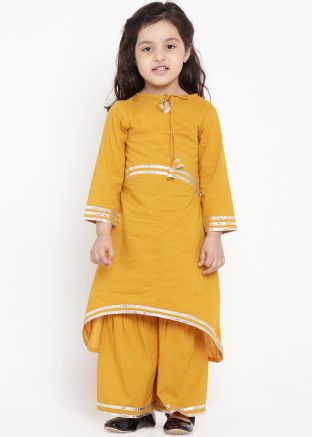 Yellow Asymmetric Gota Patti Laced Kids Kurta Set