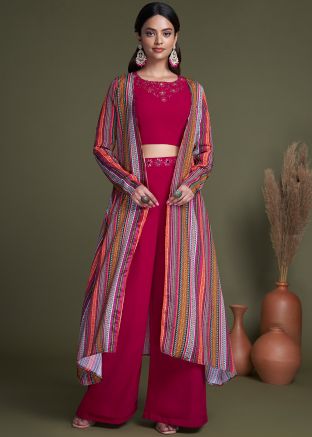 Pink Embroidered Jacket Style Palazzo Set