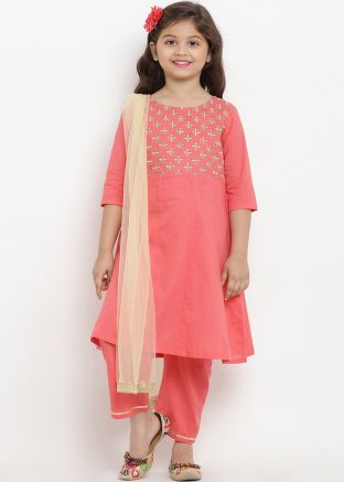 Peach Embroidered Readymade Kids Pant Salwar Suit