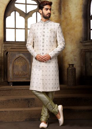 Readymade White Embroidered Brocade Indo Western Sherwani