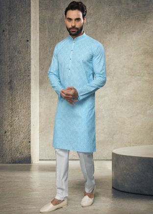 Blue Cotton Kurta Pajama In Printed Designs