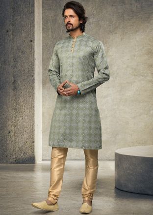 Green Printed Design Kurta Pajama In Cotton