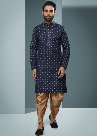 Blue Printed Readymade Cotton Dhoti Kurta Set