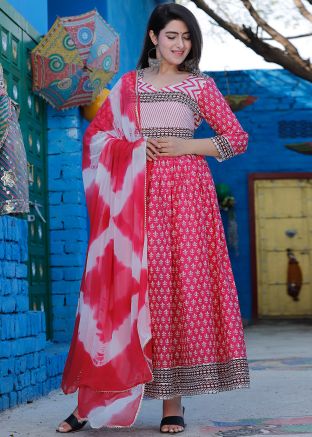 Pink Floral Printed Long Kurta & Dupatta