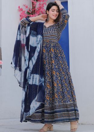 Navy Blue Floral Printed Flared Style Kurta