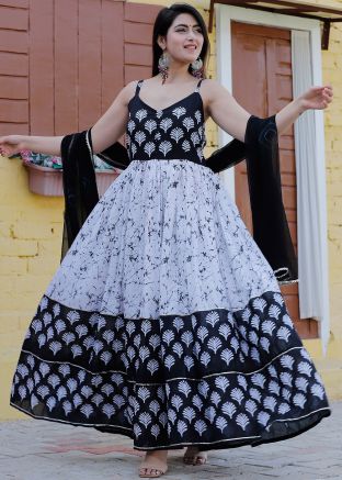 Navy Blue & White Printed Long Kurta In Cotton