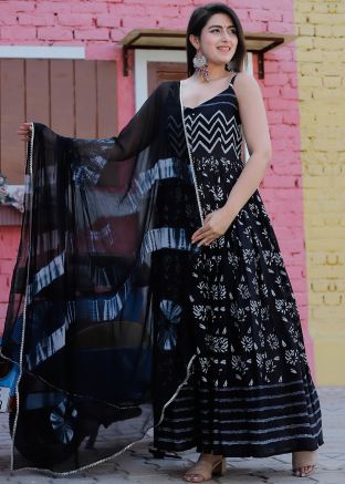 Navy Blue Floral Printed Flared Long Kurta
