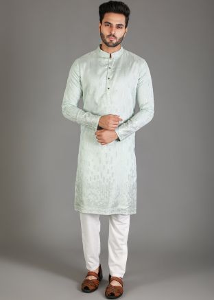 Green Embroidered Mens Kurta Pajama Set