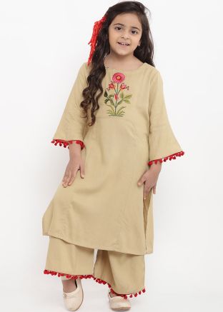 Beige Embroidered Readymade Bell Sleeved Kids Kurta Set