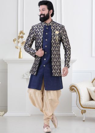 Navy Blue Jacket Style Indo Western Sherwani Set