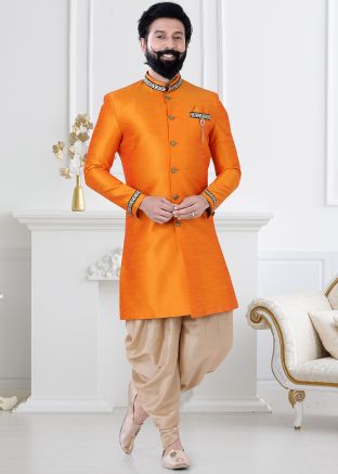 Mens Orange Indo Western Sherwani & Dhoti Set