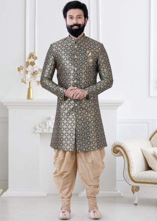 Golden & Green Woven Indo Western Sherwani For Men