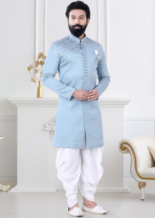 Mens Blue Woven Indo Western Sherwani Set