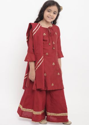 Maroon Embroidered Bell Sleeved Kids Kurta Palazzo Set