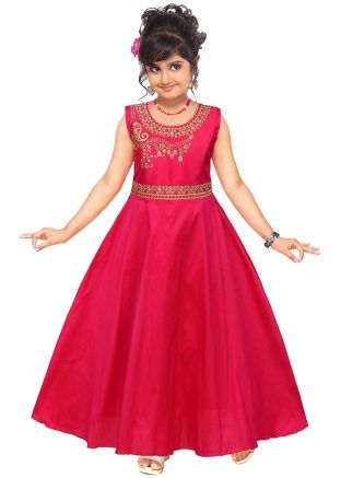 Red Embroidered Readymade Art Silk Kids Gown