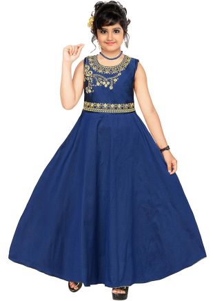 Readymade Blue Art Silk Embroidered Kids Gown