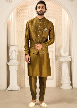 Yellow Mens Kurta Pajama With Embroidered Nehru Jacket