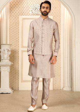 Grey Mens Kurta Pajama & Embroidered Nehru Jacket