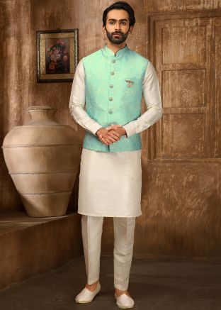 Readymade Cream Kurta Pajama With Woven Jacket