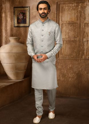 Grey Kurta Pajama With Embroidered Nehru Jacket