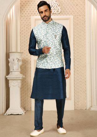 Readymade Blue Kurta Pajama Set With Embroidered Jacket