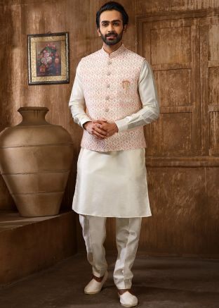 Mens Kurta Pajama With Embroidered Jacket In Cream