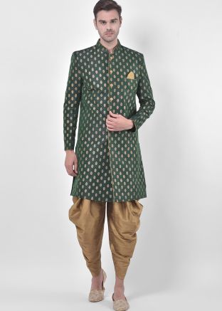 Readymade Green Printed Indo Western Sherwani & Dhoti