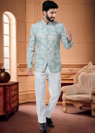 Sea Green Readymade Printed Bandhgala Jodhpuri Suit