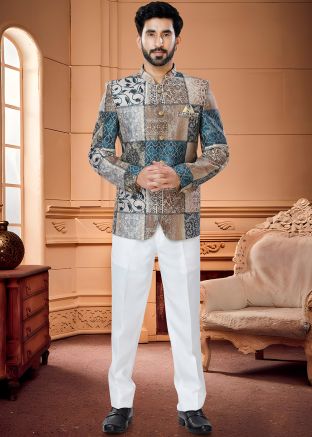 Multicolored Printed Satin Bandhgala Jodhpuri Suit