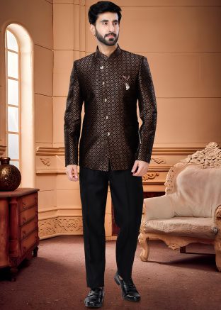 Mens Black & Brown Woven Bandhgala Jodhpuri With Pants