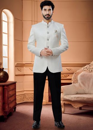 Mens Cream Woven Bandhgala Jodhpuri Suit